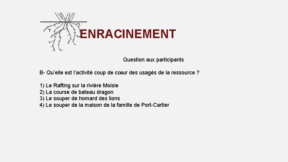 ENRACINEMENT Question aux participants B- Qu’elle est l’activité coup de cœur des usagés de