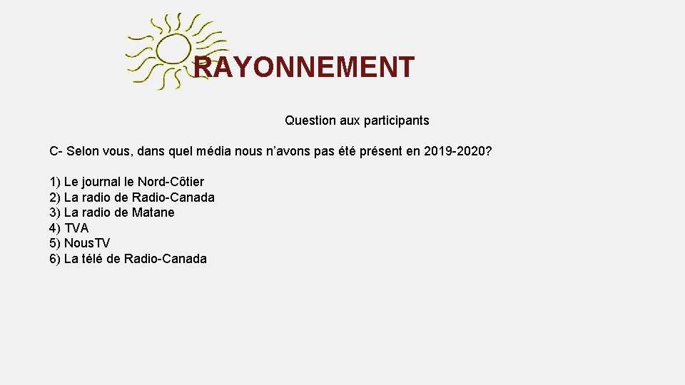 RAYONNEMENT Question aux participants C- Selon vous, dans quel média nous n’avons pas été