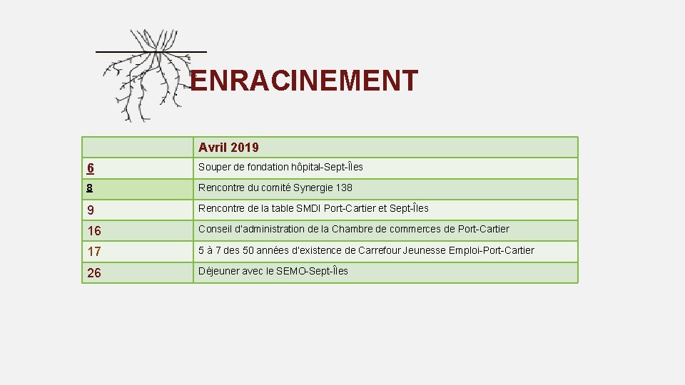 ENRACINEMENT Avril 2019 6 Souper de fondation hôpital-Sept-Îles 8 Rencontre du comité Synergie 138