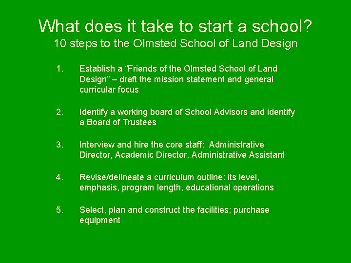 What does it take to start a school? 10 steps to the Olmsted School