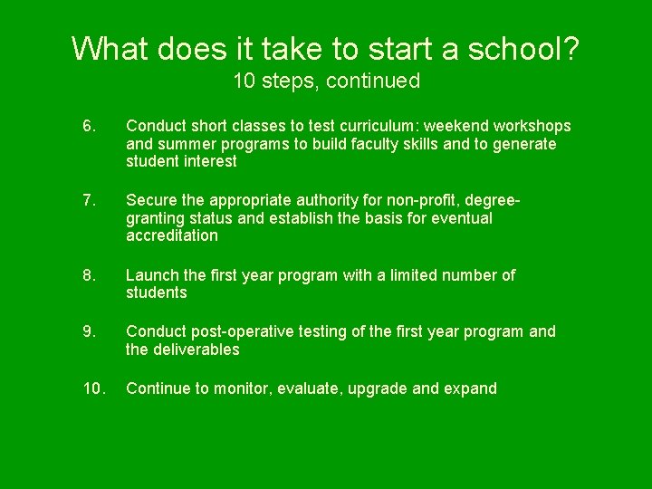 What does it take to start a school? 10 steps, continued 6. Conduct short