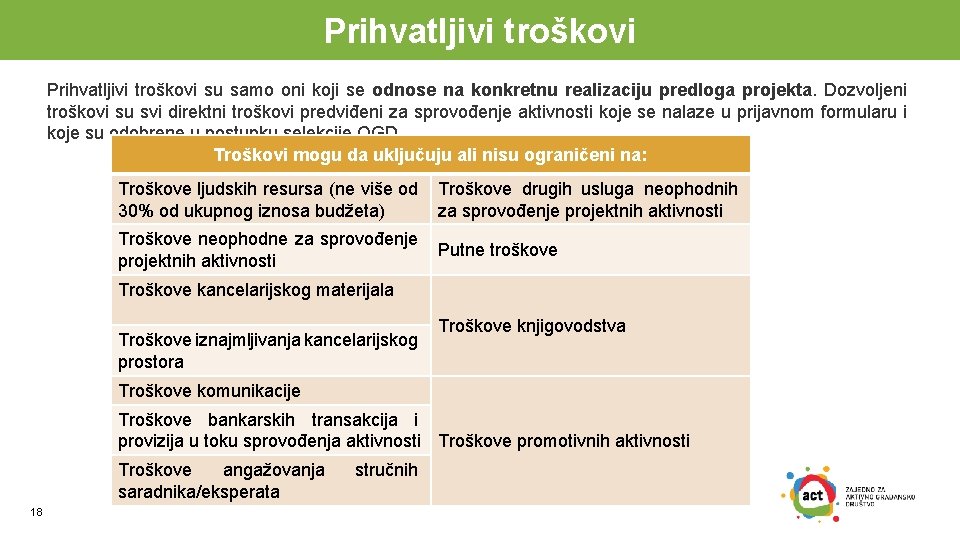 Prihvatljivi troškovi su samo oni koji se odnose na konkretnu realizaciju predloga projekta. Dozvoljeni