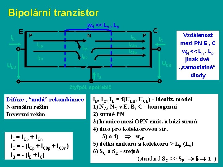 Bipolární tranzistor IE E w. N << Ln , Lp P N IEp IC