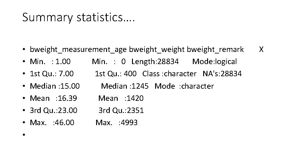 Summary statistics…. • • bweight_measurement_age bweight_weight bweight_remark Min. : 1. 00 Min. : 0