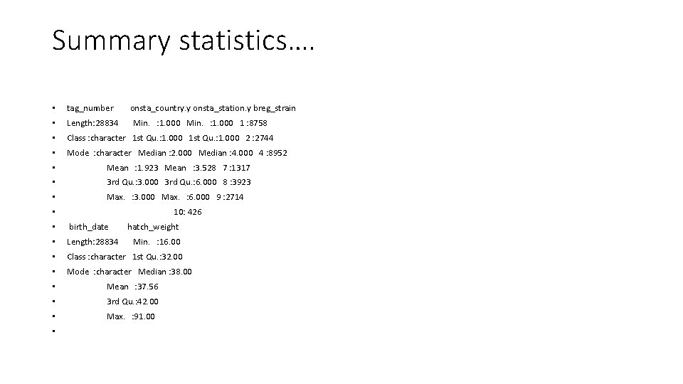 Summary statistics…. • tag_number onsta_country. y onsta_station. y breg_strain • Length: 28834 • Class