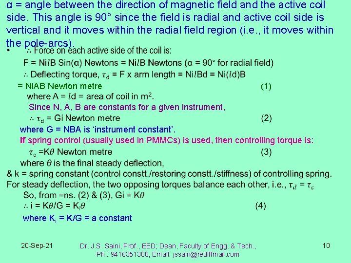 α = angle between the direction of magnetic field and the active coil side.