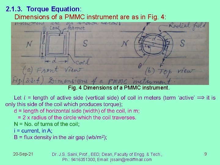 2. 1. 3. Torque Equation: Dimensions of a PMMC instrument are as in Fig.