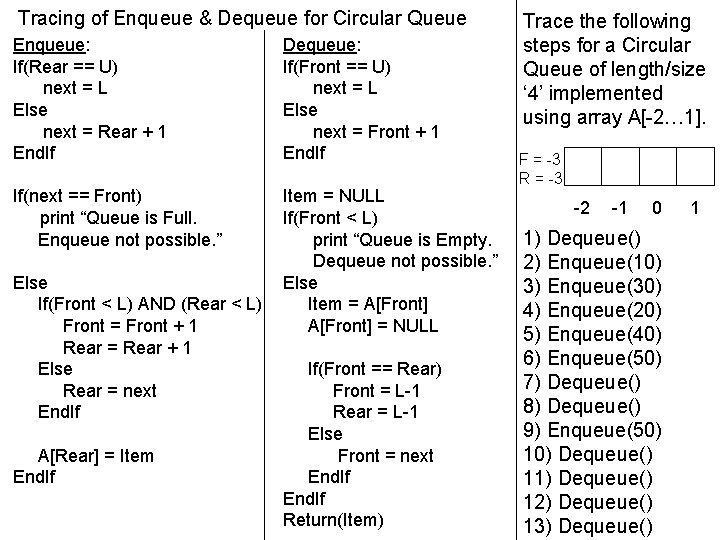 Tracing of Enqueue & Dequeue for Circular Queue Enqueue: If(Rear == U) next =