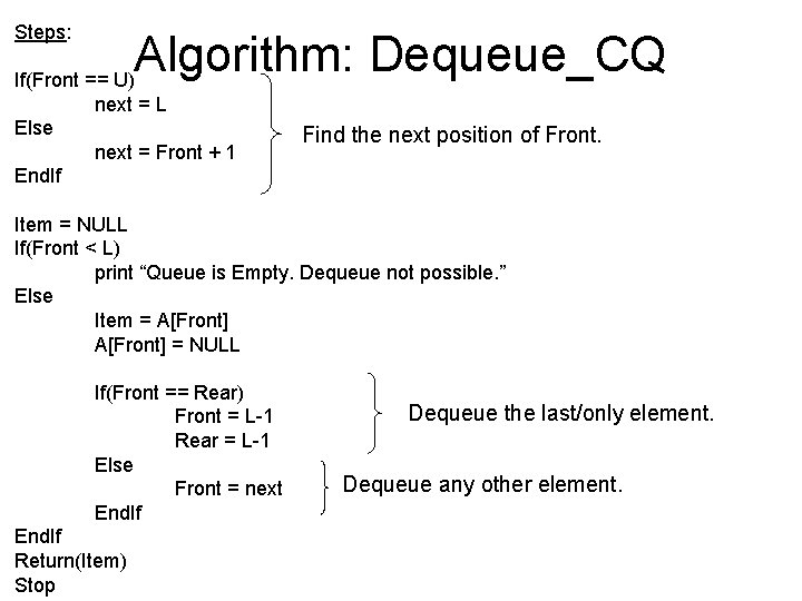 Steps: Algorithm: Dequeue_CQ If(Front == U) next = L Else next = Front +