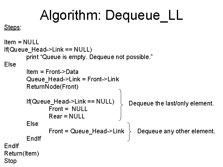 Algorithm: Dequeue_LL Steps: Item = NULL If(Queue_Head->Link == NULL) print “Queue is empty. Dequeue