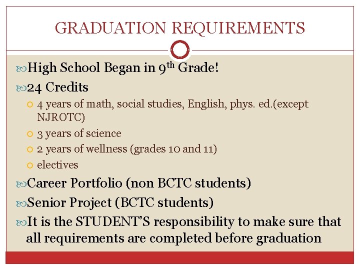 GRADUATION REQUIREMENTS High School Began in 9 th Grade! 24 Credits 4 years of