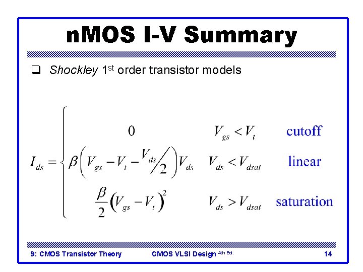 n. MOS I-V Summary q Shockley 1 st order transistor models 9: CMOS Transistor