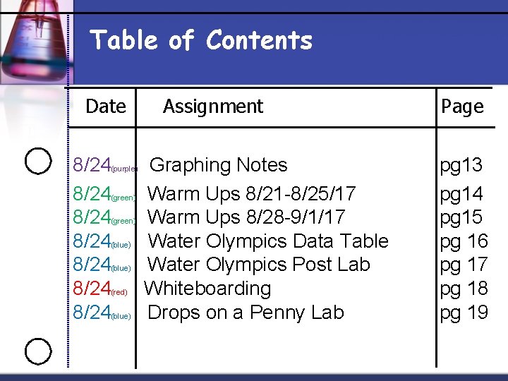 Table of Contents Date 8/24 8/24 (purple) (green) (blue) (red) (blue) Assignment Graphing Notes