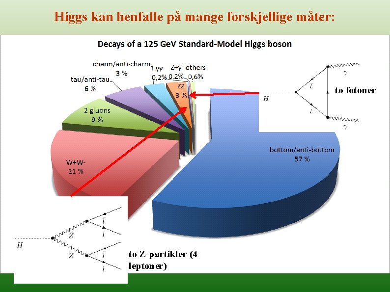 Higgs kan henfalle på mange forskjellige måter: to fotoner to Z-partikler (4 leptoner) 31