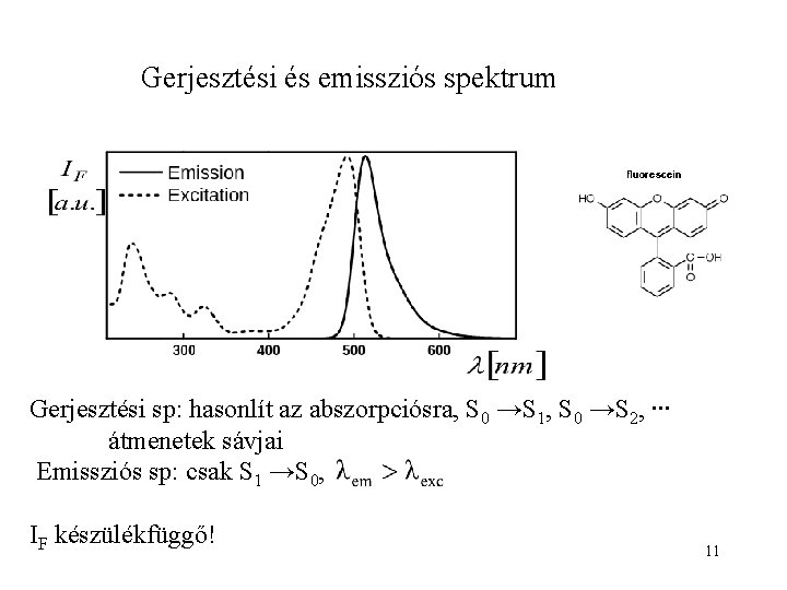 Gerjesztési és emissziós spektrum Gerjesztési sp: hasonlít az abszorpciósra, S 0 →S 1, S