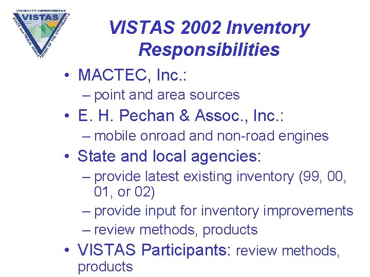 VISTAS 2002 Inventory Responsibilities • MACTEC, Inc. : – point and area sources •