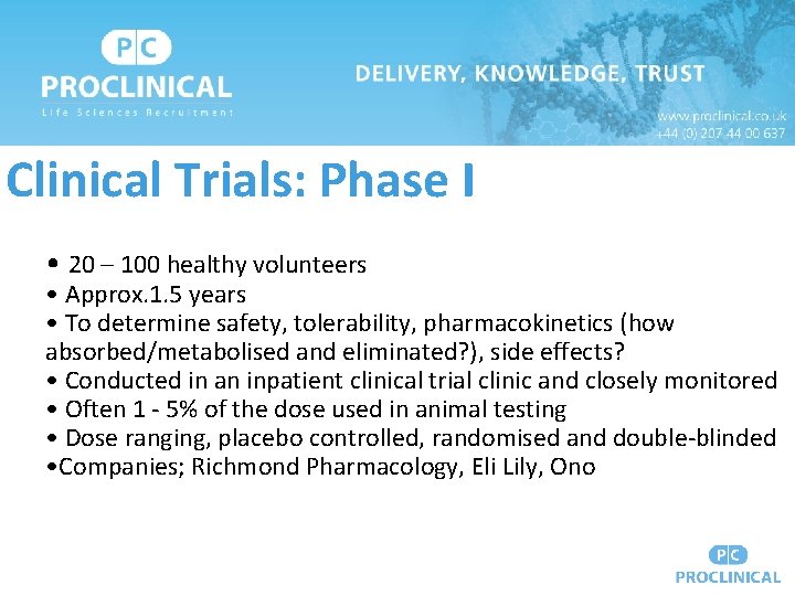 Clinical Trials: Phase I • 20 – 100 healthy volunteers • Approx. 1. 5