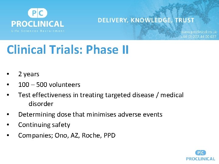 Clinical Trials: Phase II • • • 2 years 100 – 500 volunteers Test