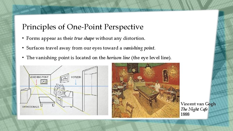 Principles of One-Point Perspective • Forms appear as their true shape without any distortion.
