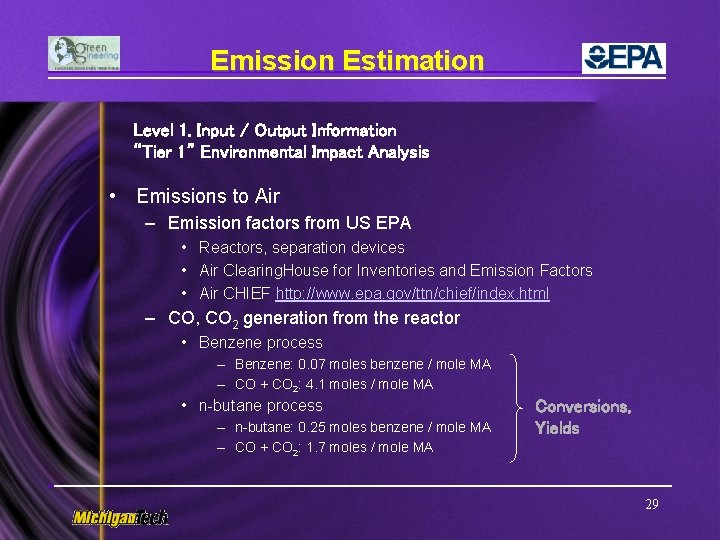 Emission Estimation Level 1. Input / Output Information “Tier 1” Environmental Impact Analysis •