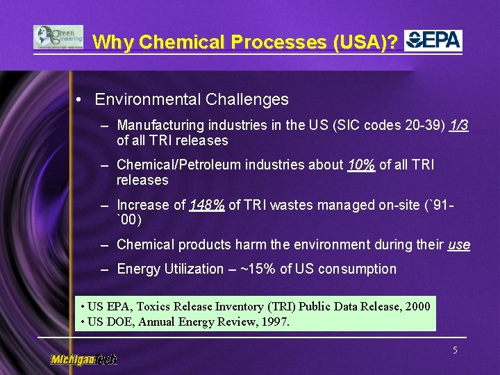 Why Chemical Processes (USA)? • Environmental Challenges – Manufacturing industries in the US (SIC