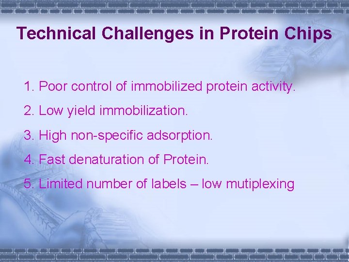 Technical Challenges in Protein Chips 1. Poor control of immobilized protein activity. 2. Low