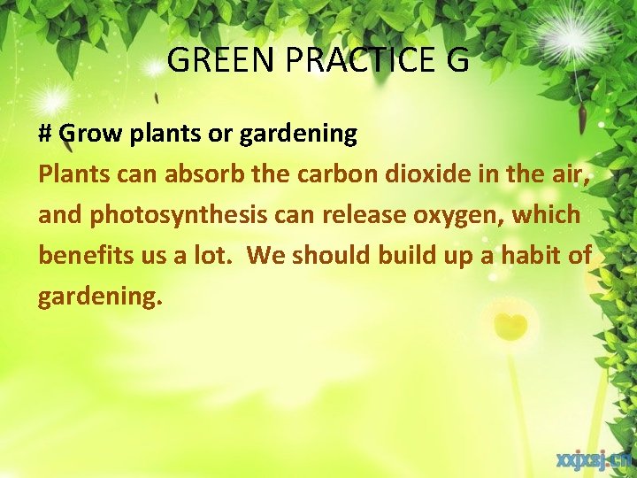 GREEN PRACTICE G # Grow plants or gardening Plants can absorb the carbon dioxide