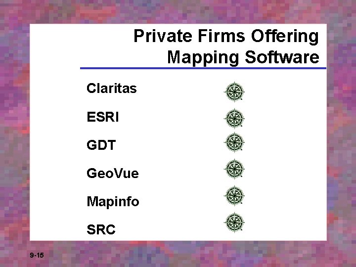 Private Firms Offering Mapping Software Claritas ESRI GDT Geo. Vue Mapinfo SRC 9 -15