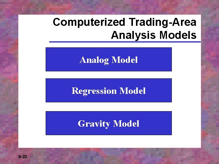 Computerized Trading-Area Analysis Models Analog Model Regression Model Gravity Model 9 -23 