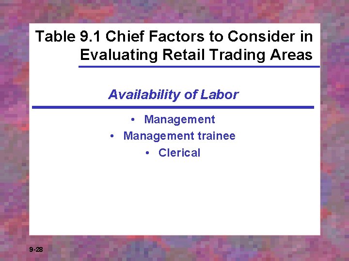 Table 9. 1 Chief Factors to Consider in Evaluating Retail Trading Areas Availability of