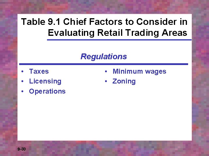 Table 9. 1 Chief Factors to Consider in Evaluating Retail Trading Areas Regulations •