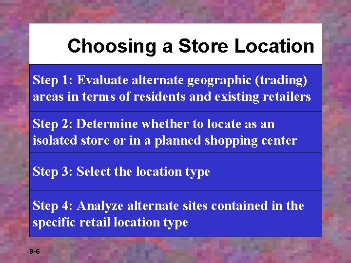 Choosing a Store Location Step 1: Evaluate alternate geographic (trading) areas in terms of