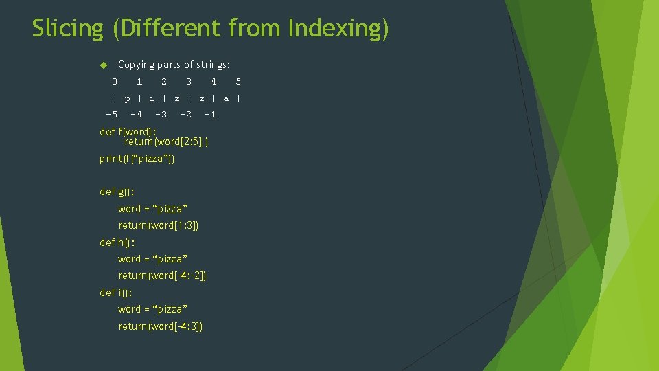 Slicing (Different from Indexing) Copying parts of strings: 0 1 2 3 4 5