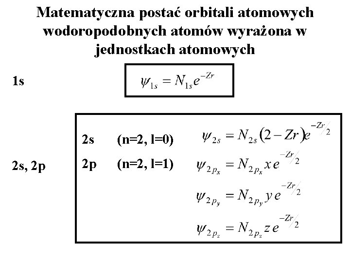 Matematyczna postać orbitali atomowych wodoropodobnych atomów wyrażona w jednostkach atomowych 1 s 2 s,