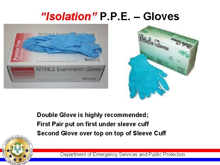 “Isolation” P. P. E. – Gloves Double Glove is highly recommended; First Pair put