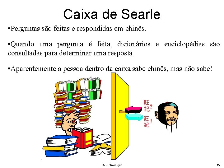 Caixa de Searle • Perguntas são feitas e respondidas em chinês. • Quando uma