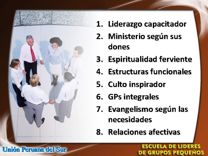 1. 2. 3. 4. 5. 6. 7. 8. Liderazgo capacitador Ministerio según sus dones 1. 2. 3. 4. 5. 6. 7. 8. Liderazgo capacitador Ministerio según sus dones