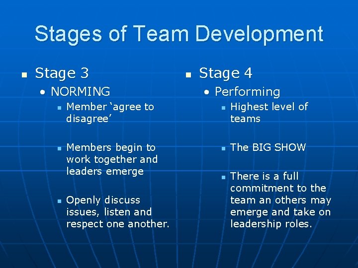 Stages of Team Development n Stage 3 • NORMING n n n Member ‘agree Stages of Team Development n Stage 3 • NORMING n n n Member ‘agree