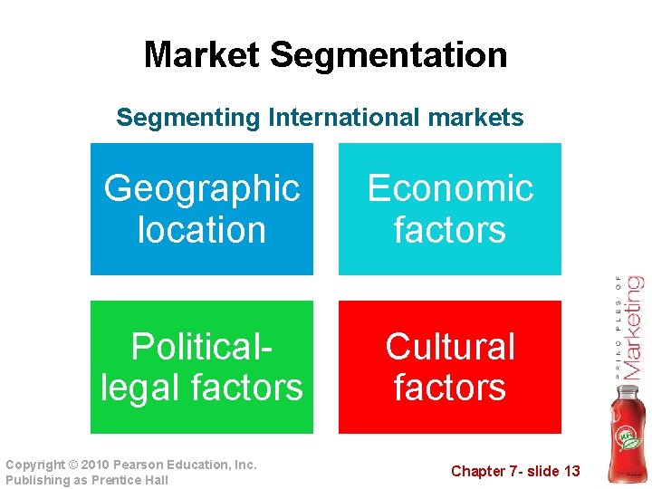 Market Segmentation Segmenting International markets Geographic location Economic factors Politicallegal factors Cultural factors Copyright