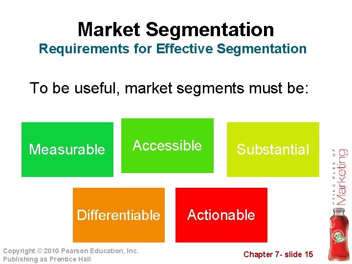 Market Segmentation Requirements for Effective Segmentation To be useful, market segments must be: Measurable