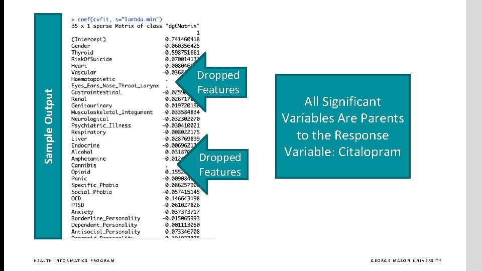 Sample Output HEALTH INFORMATICS PROGRAM Dropped Features All Significant Variables Are Parents to the