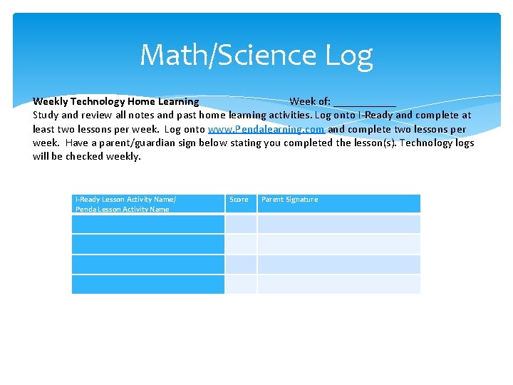 Math/Science Log Weekly Technology Home Learning Week of: ______ Study and review all notes