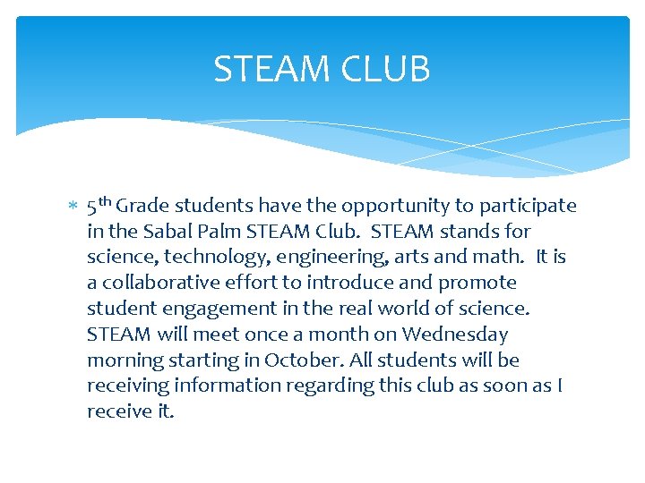 STEAM CLUB 5 th Grade students have the opportunity to participate in the Sabal