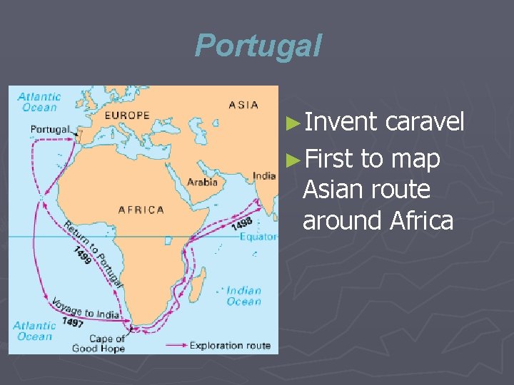 Portugal ►Invent caravel ►First to map Asian route around Africa 