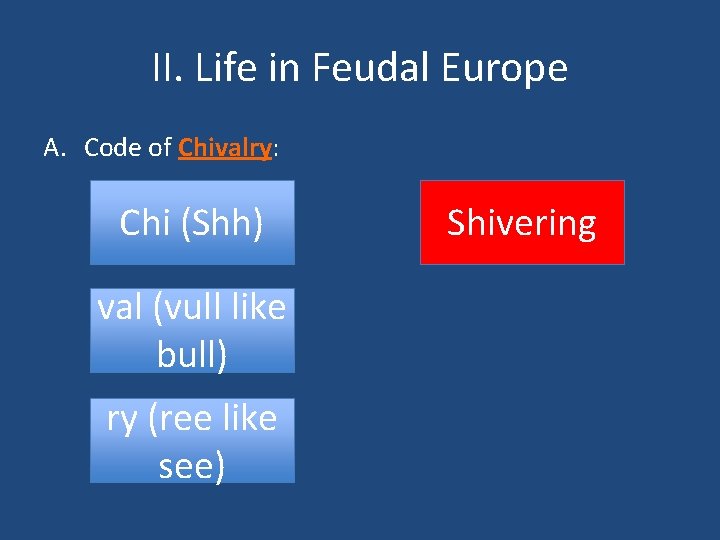 II. Life in Feudal Europe A. Code of Chivalry: Chi (Shh) val (vull like