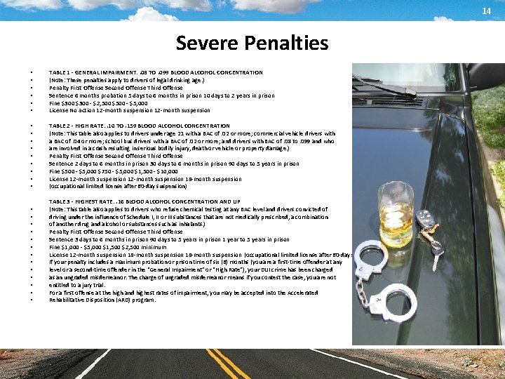 14 Severe Penalties • • • TABLE 1 - GENERAL IMPAIRMENT: . 08 TO.