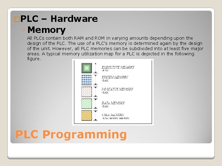 �PLC – Hardware ◦ Memory ◦ All PLCs contain both RAM and ROM in