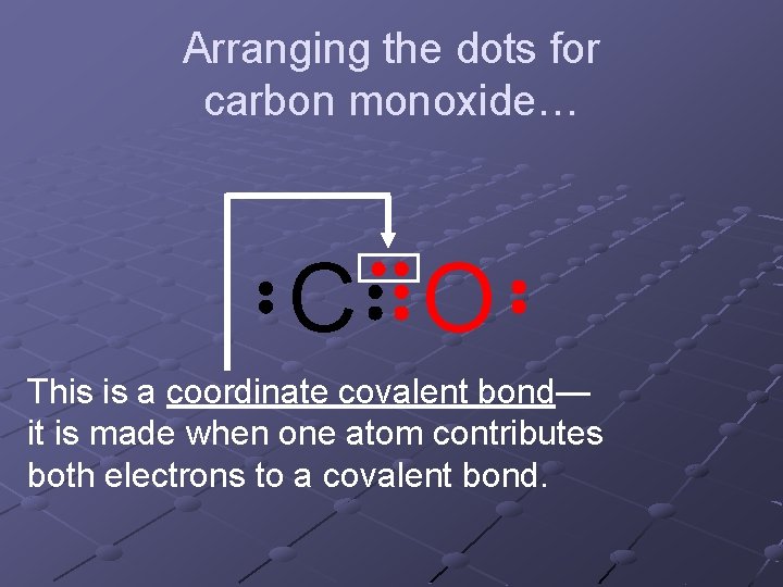 Arranging the dots for carbon monoxide… C O This is a coordinate covalent bond— Arranging the dots for carbon monoxide… C O This is a coordinate covalent bond—