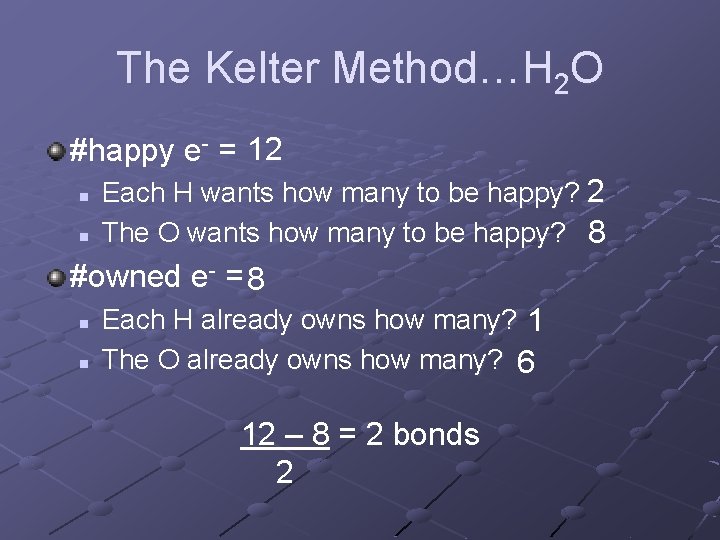 The Kelter Method…H 2 O #happy e- = 12 n n Each H wants The Kelter Method…H 2 O #happy e- = 12 n n Each H wants