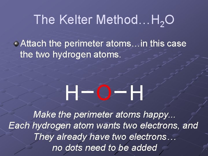 The Kelter Method…H 2 O Attach the perimeter atoms…in this case the two hydrogen The Kelter Method…H 2 O Attach the perimeter atoms…in this case the two hydrogen